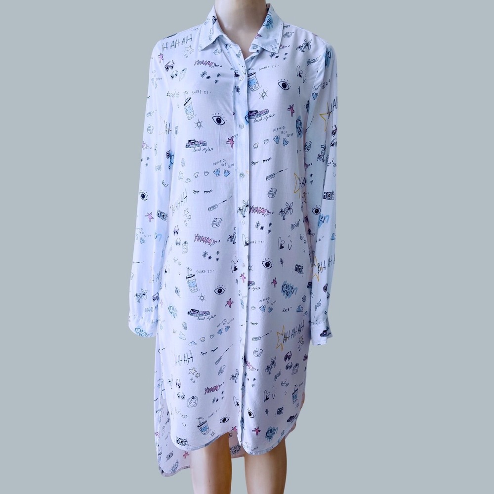 Piece of Cake Uruguay Shirt Dress M Doodle Print 100% Viscose Button Front